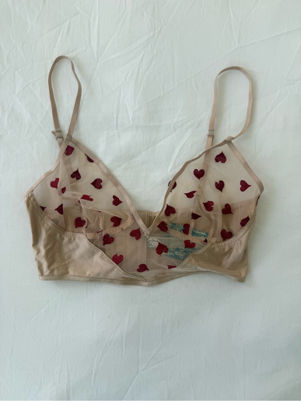 NWT, Free People Intimately Sheer Heart-Embroidered Bralette - Nude Red Hearts